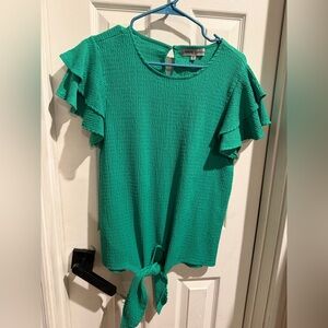 Absolutely Famous Ruffle Sleeve Tie-Hem Top - Emerald Green